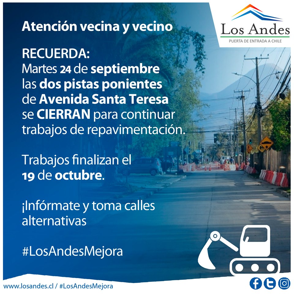 LOS ANDES: Este martes cierran pistas ponientes de Avenida Santa Teresa por continuación de obras de repavimentación