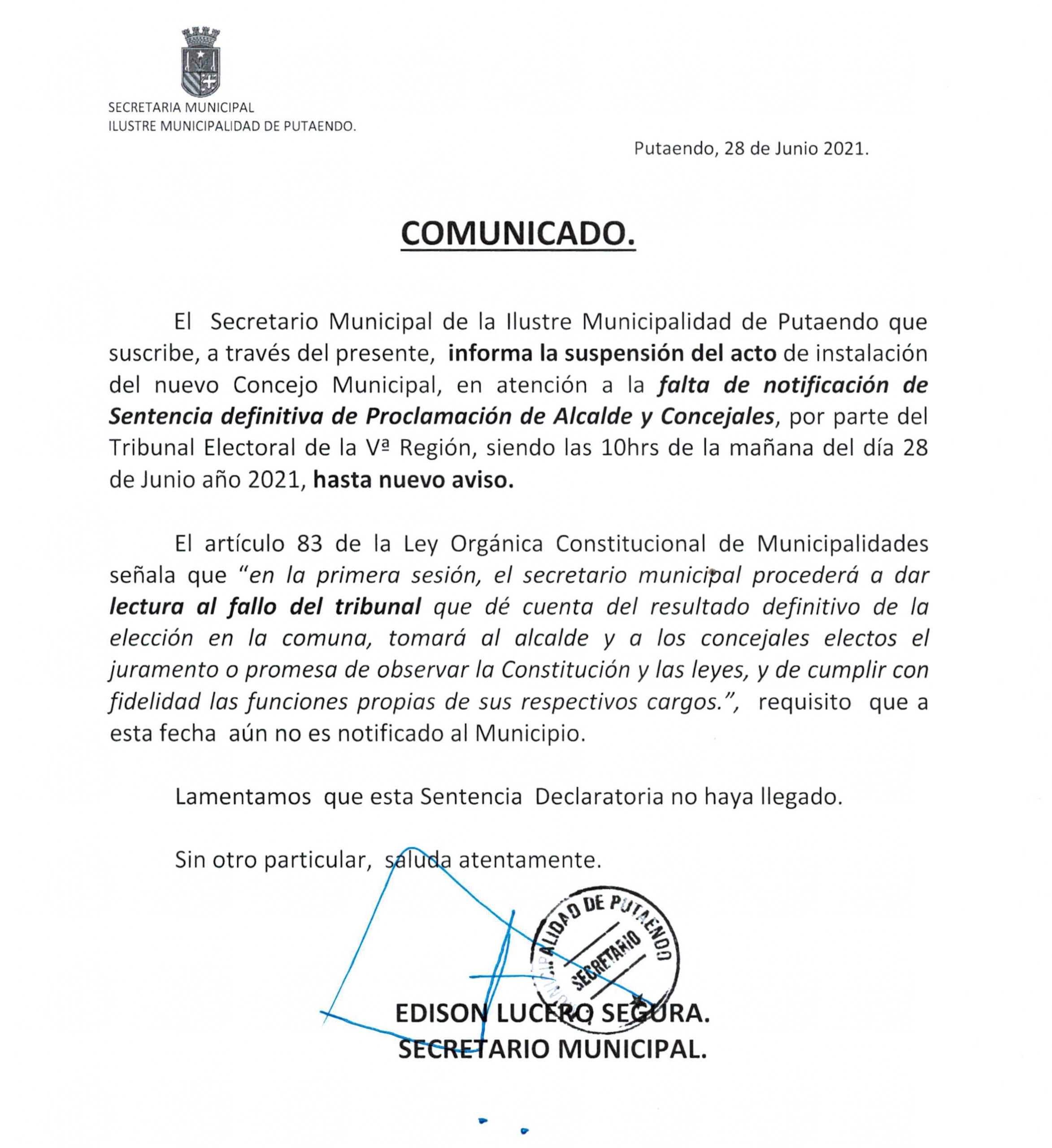 PUTAENDO: Municipio suspende Instalación de nuevo Alcalde y concejales electos