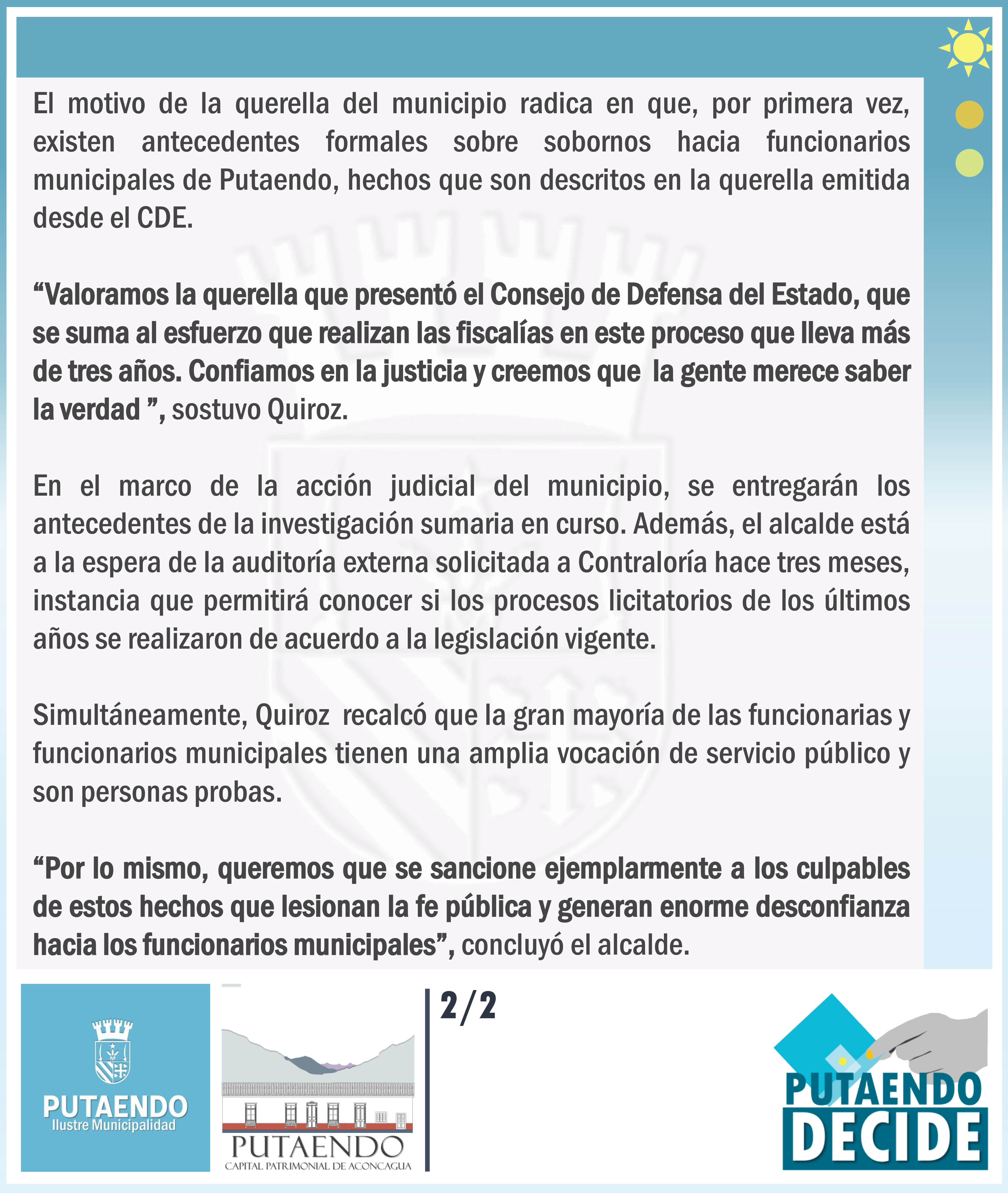 PUTAENDO:  Alcalde de Putaendo valora querella presentada por el Consejo de Defensa del Estado y confía en que la Justicia esclarezca la verdad en el Caso Itelecom