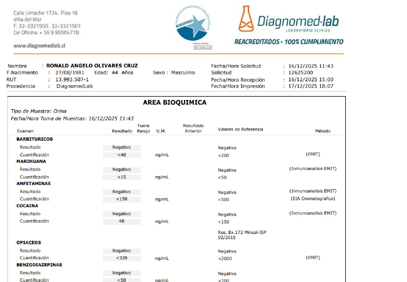 SAN FELIPE: Concejal Ronald Olivares da negativo en test de drogas tras examen realizado esta semana