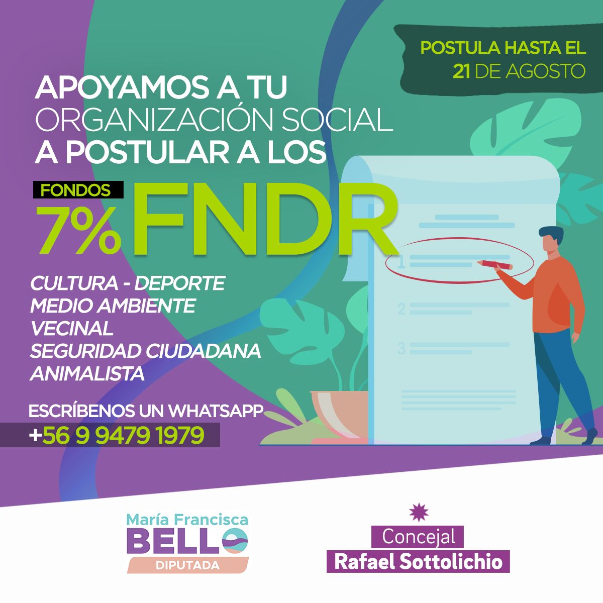ACONCAGUA: Diputada Bello y Concejal Sottolichio estarán apoyando a organizaciones sociales a postular al FNDR 7% 1 ACONCAGUA: Diputada Bello y Concejal Sottolichio estarán apoyando a organizaciones sociales a postular al FNDR 7%