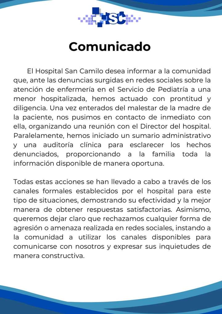 SAN FELIPE: Madre acusa negligencia médica por la atención del servicio de pediatría del Hospital San Camilo 1 SAN FELIPE: Madre acusa negligencia médica por la atención del servicio de pediatría del Hospital San Camilo