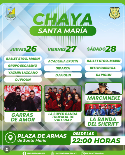 Chaya Santa María 2026 confirma su parrilla: Garras de Amor, Marcianeke y La Súper Banda Tropikal de Vallenar encabezan el evento