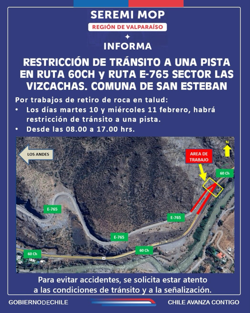 SAN ESTEBAN: Restricción de tránsito a una pista afectará rutas 60 CH y E-765 en camino Internacional